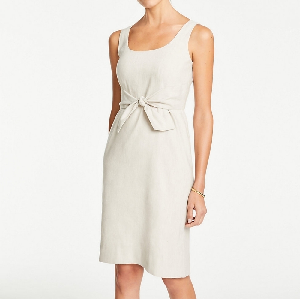 𝅺ANN Taylor Linen Blend Tie Front Sheath Dress Tan Size 2